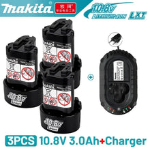 Makita 10.8V battery packs and charger, lifestyle shot with black and blue