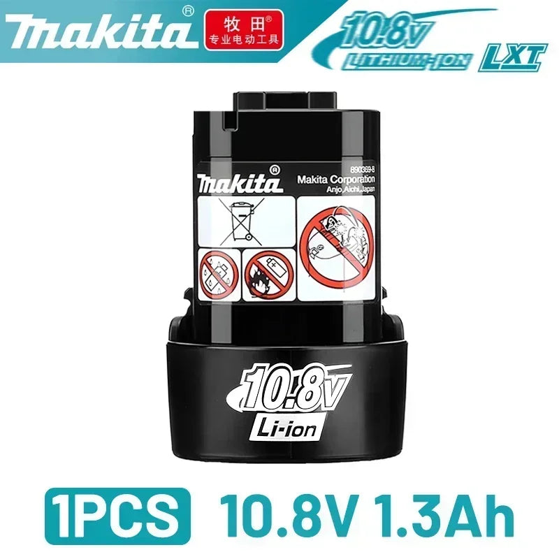 Makita 10.8V 1.3Ah battery pack detail, black and white with warning labels