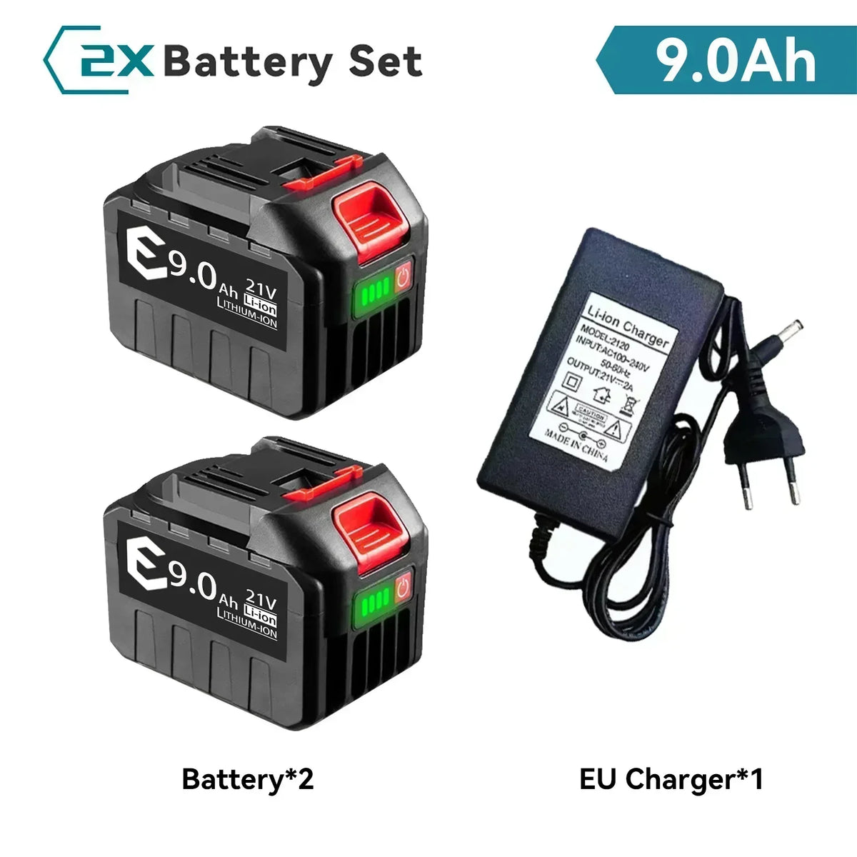 21V Makita battery pack packaging, black red green with charger