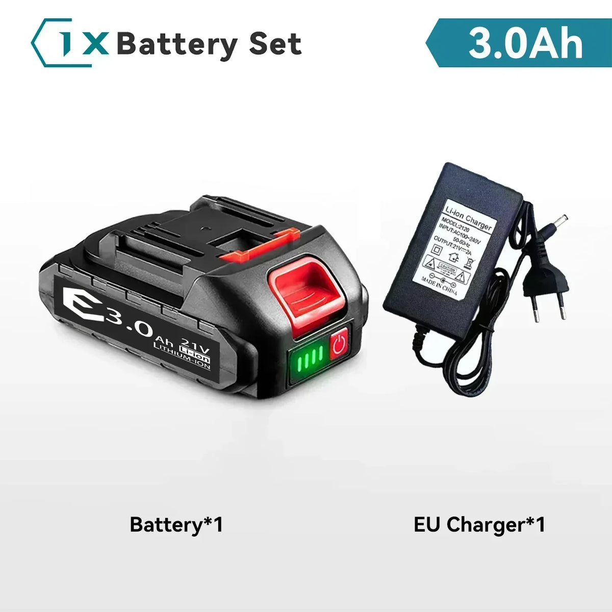 21V Makita battery pack packaging, black red green, 3Ah capacity