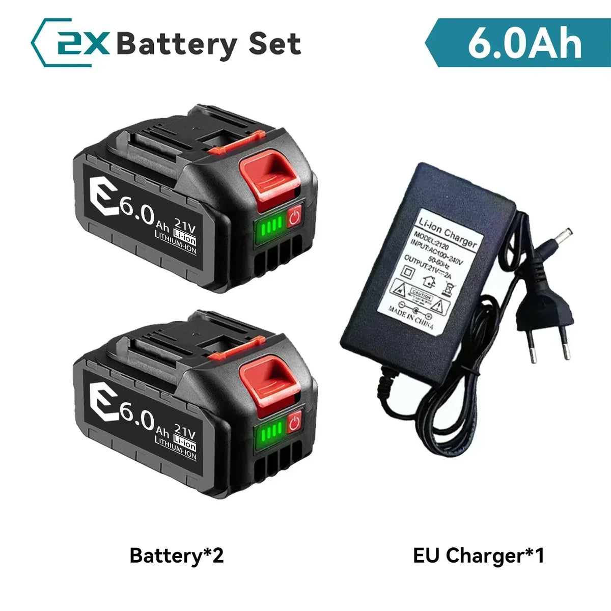 21V Makita battery pack packaging, black red green with charger