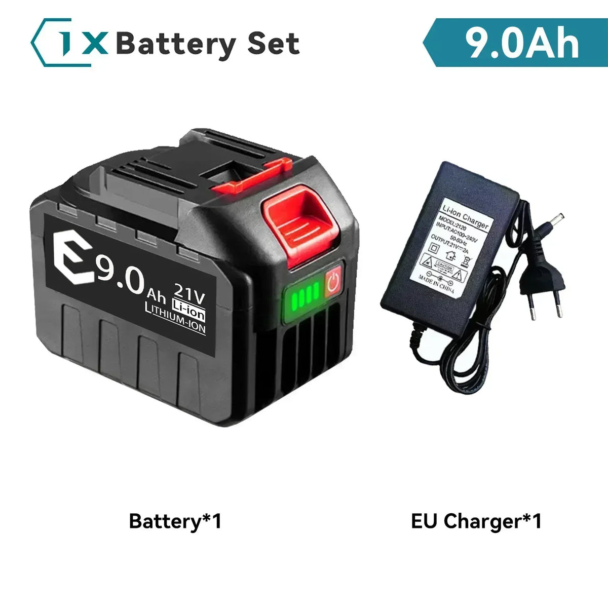 21V battery with charger packaging, black and red, includes charger
