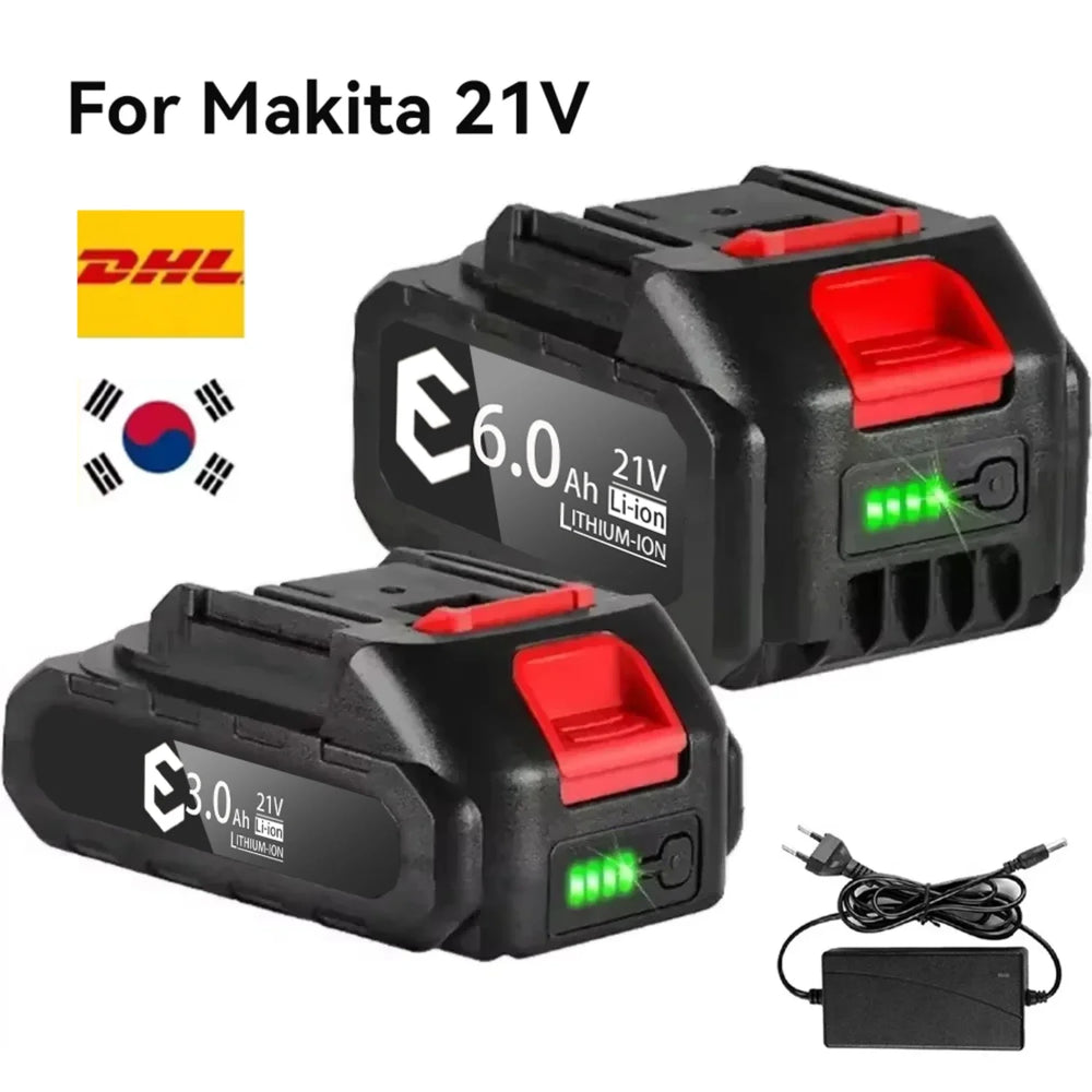 21V battery pack close-up with LED indicator, black and red