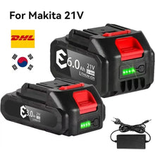 21V battery pack close-up with LED indicator, black and red