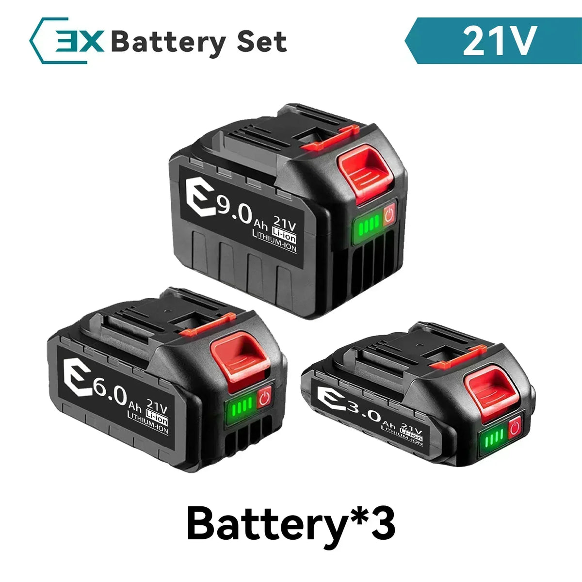 Battery set packaging with 21V batteries and charging indicators