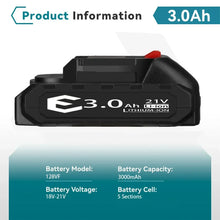 21V battery specifications close-up, black and blue with 18V label