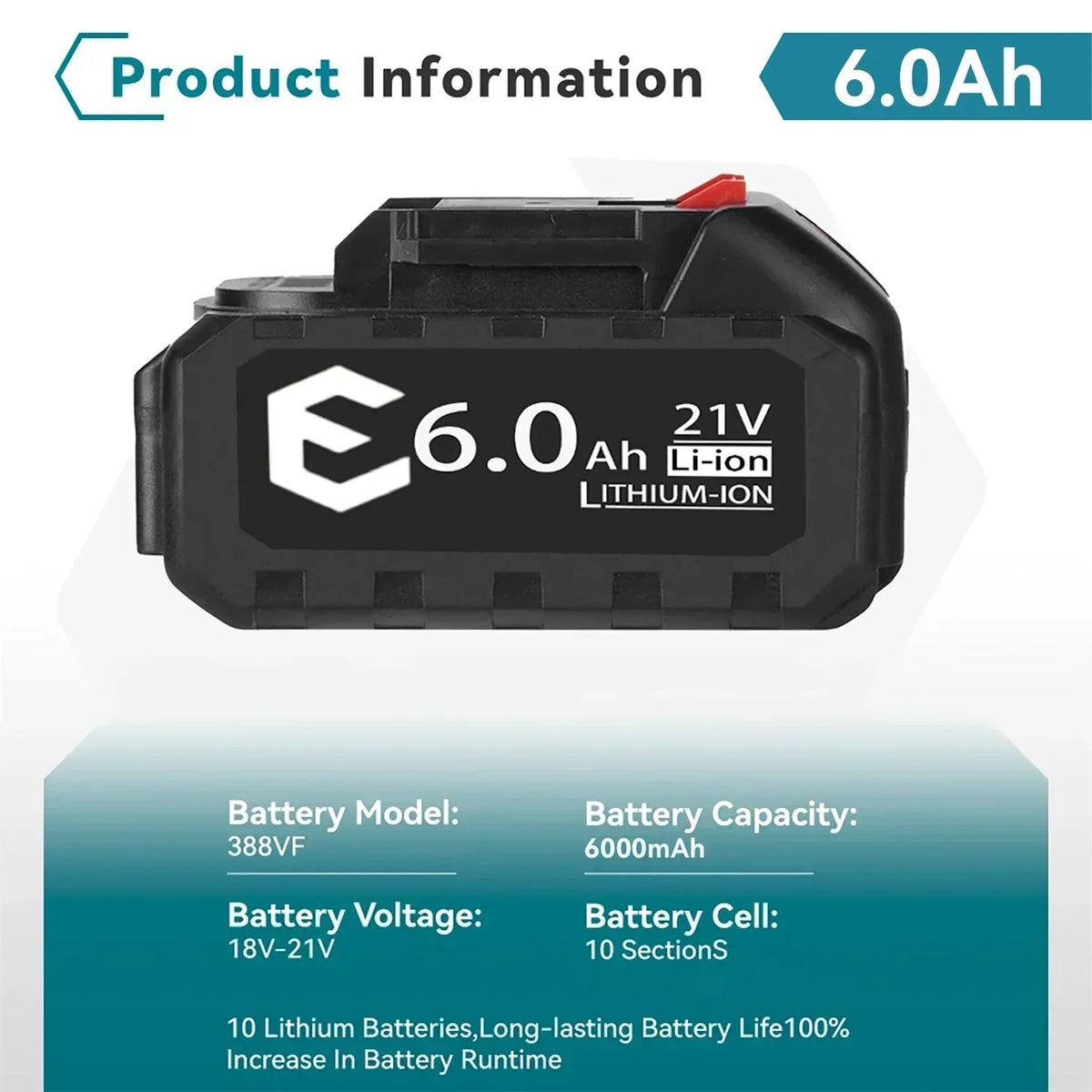 21V battery specifications close-up, black and blue with 18V label