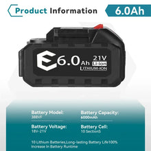 21V battery specifications close-up, black and blue with 18V label