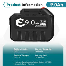 21V battery specifications close-up, black and blue with 18V label