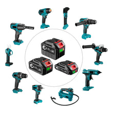 21V power tools set lifestyle shot with multiple battery packs