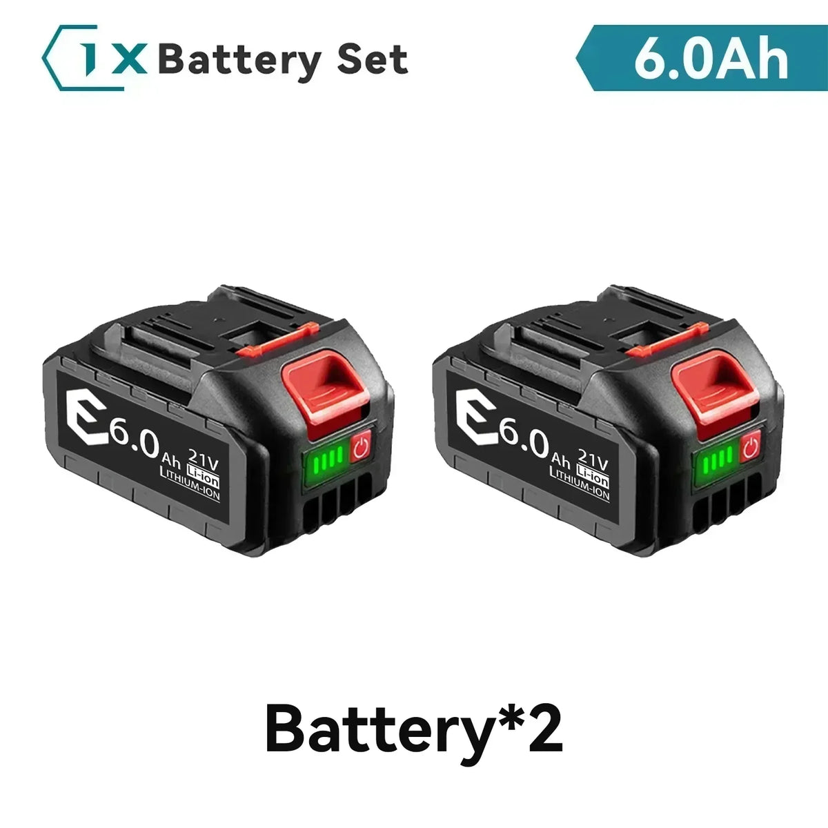 Two 21V batteries packaging with LED indicators, black and red