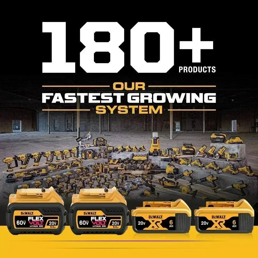 Dewalt 20V battery lifestyle shot, yellow and black in use with tools