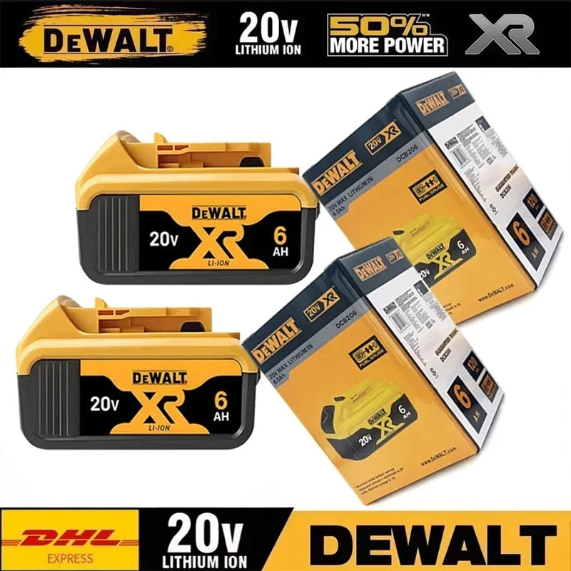 Dewalt 20V battery pack packaging, yellow and black, two batteries