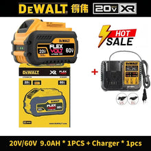 DEWALT battery charger packaging front view, yellow and black