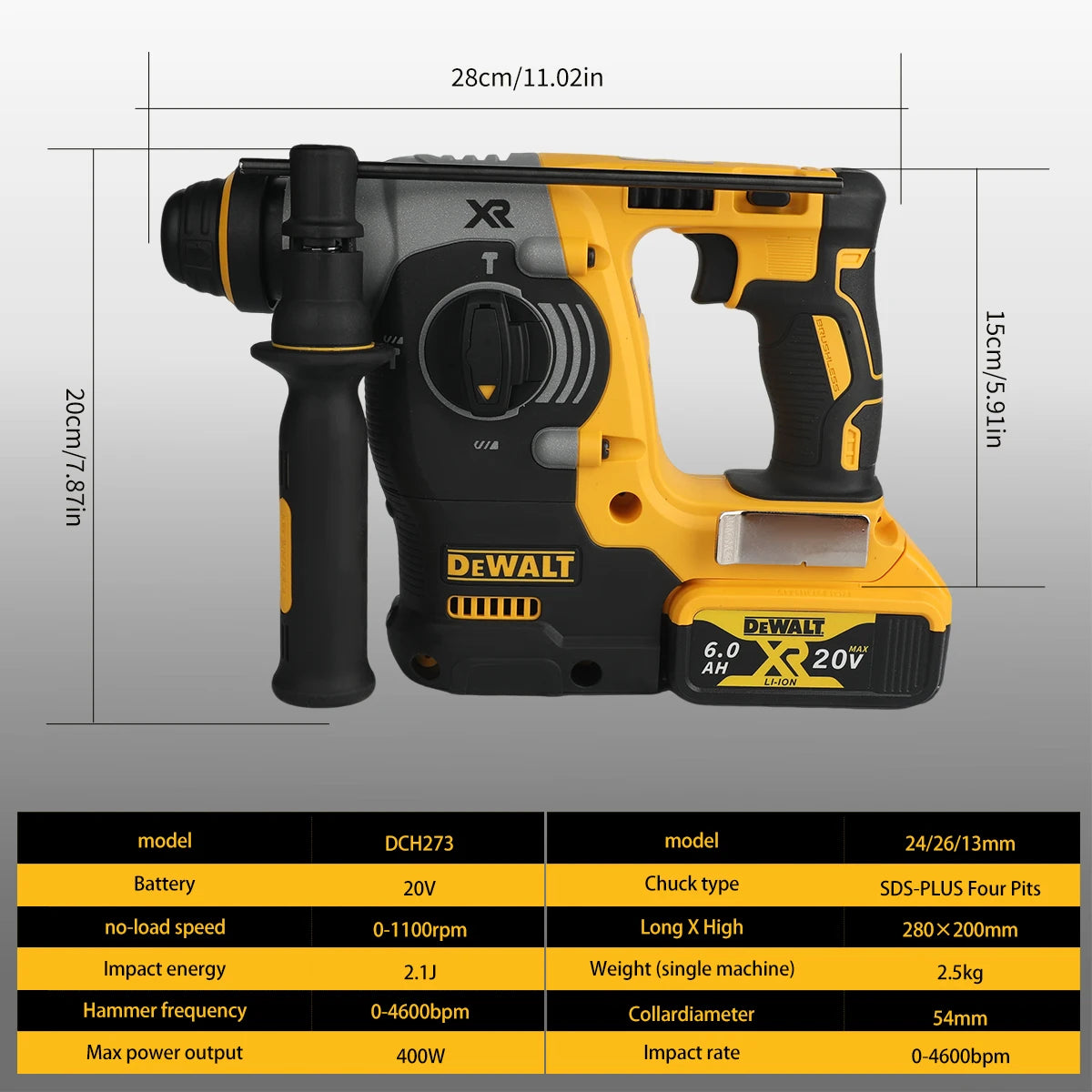 DEWALT DCH273 front view, yellow brushless SDS Plus impact hammer