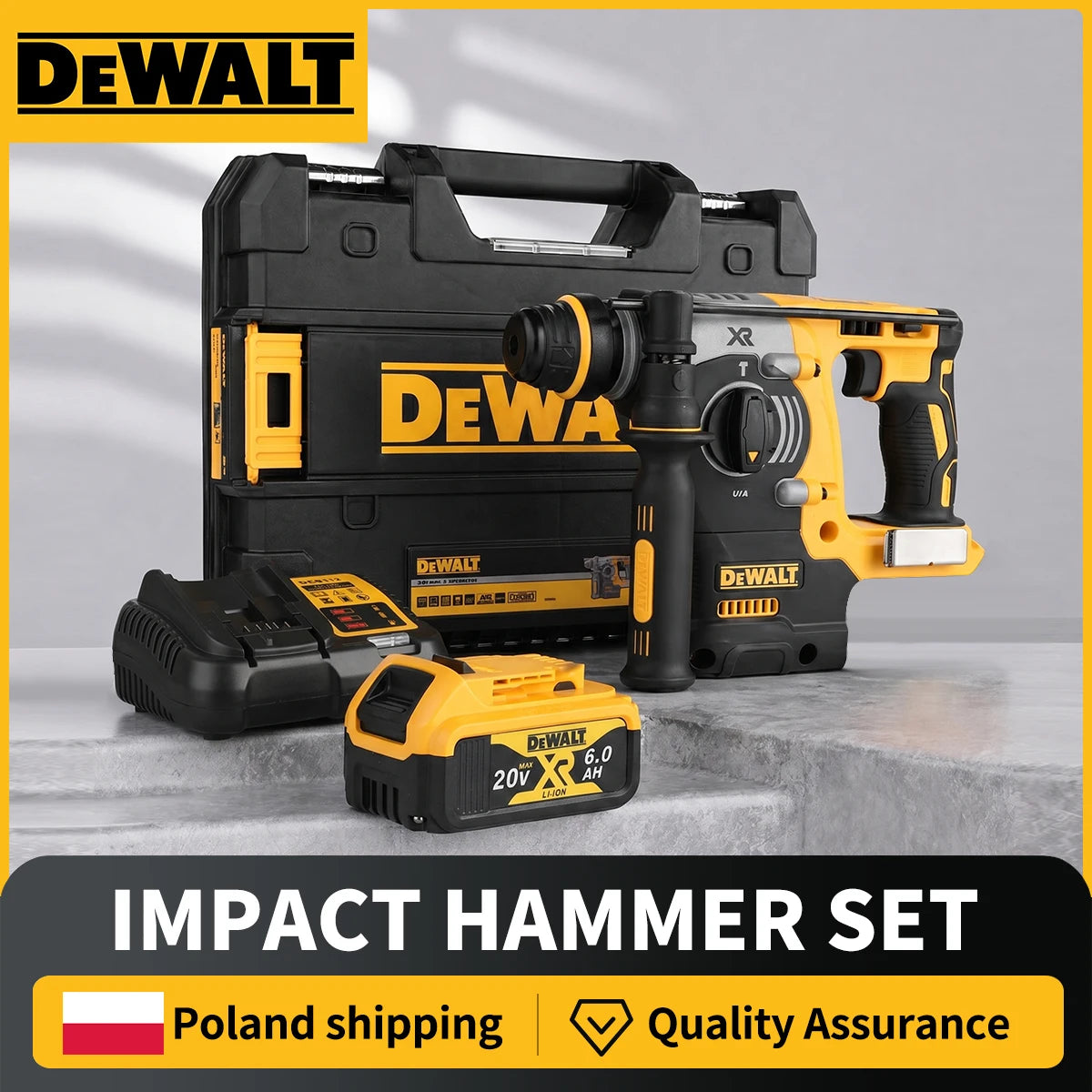 DEWALT DCH273 packaging, black and yellow impact hammer set front view