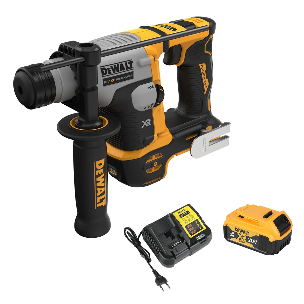 Dewalt DCH172N front view with black and yellow body, LED light on