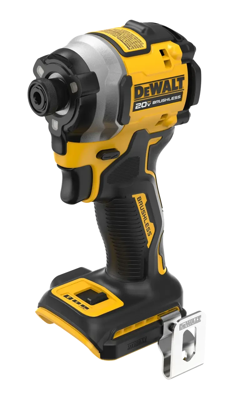 DEWALT DCF850 front view, yellow and black impact driver with battery and charger