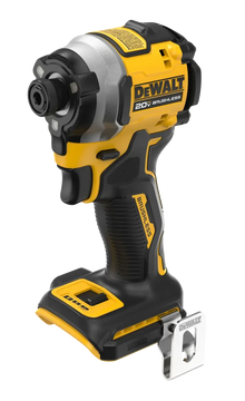 DEWALT DCF850 front view, yellow and black impact driver with battery and charger