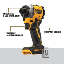DEWALT DCF850 side view, yellow and black compact impact driver with LED light