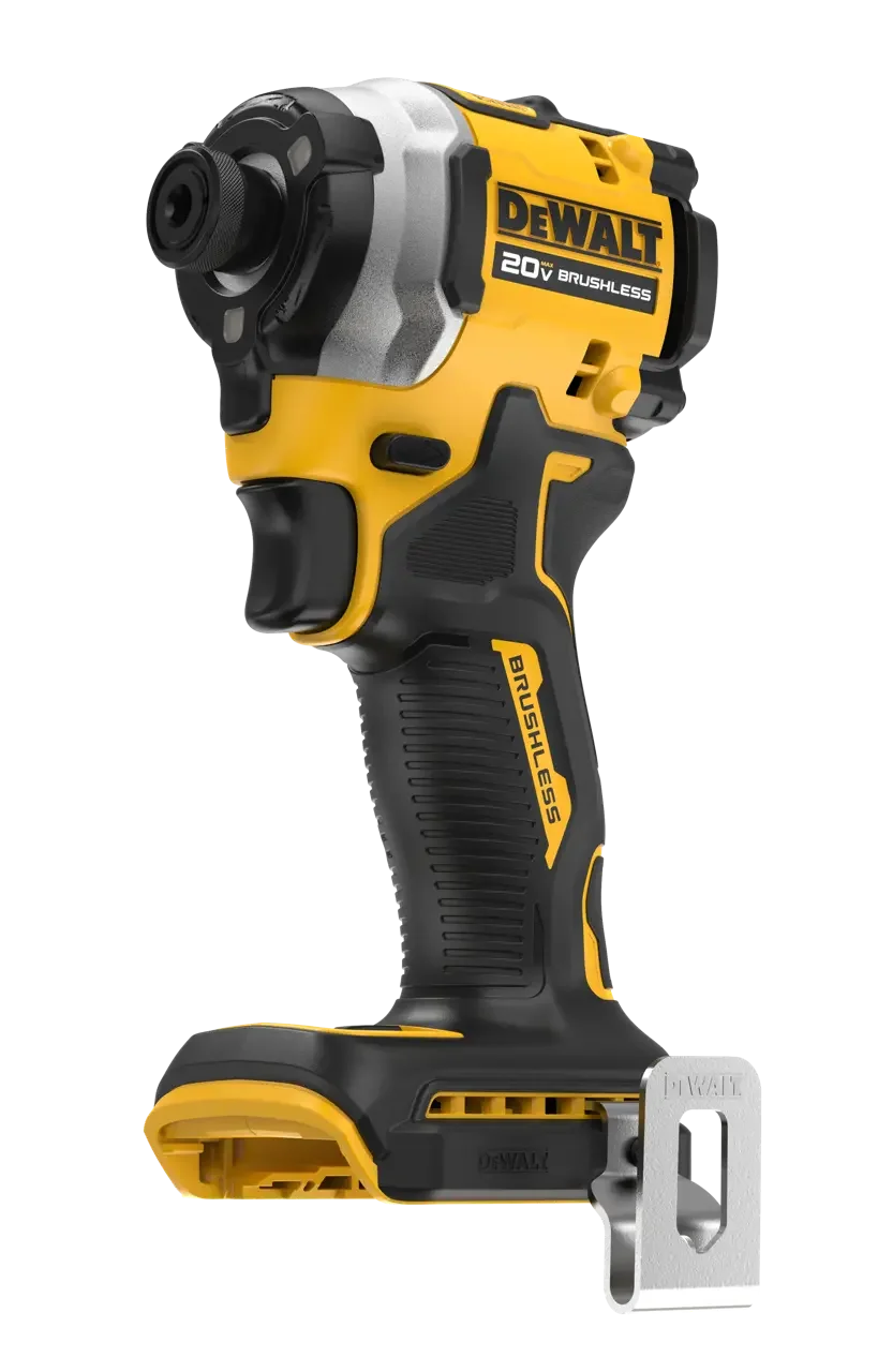 DEWALT DCF850 close-up detail, yellow and black impact driver with LED lights