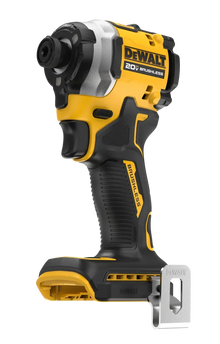 DEWALT DCF850 close-up detail, yellow and black impact driver with LED lights