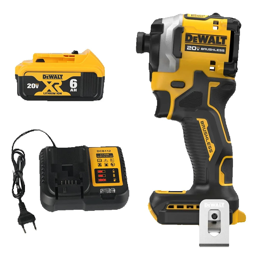 DEWALT DCF850 lifestyle shot, yellow and black kit with charger and extra battery