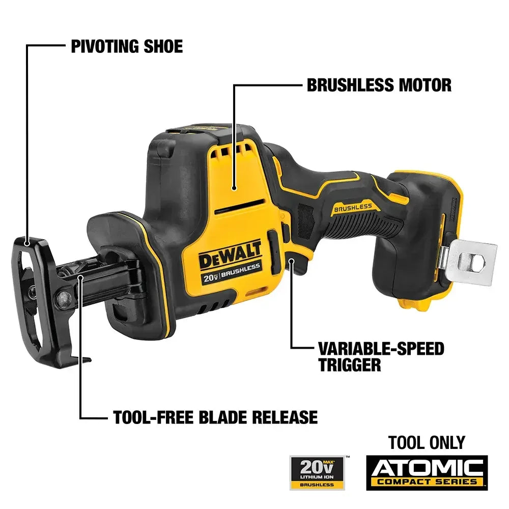 DEWALT DCS369 kit side view, variable speed trigger and LED light in yellow and black