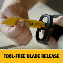 DEWALT DCS369 kit blade release detail, tool-free mechanism in black and yellow