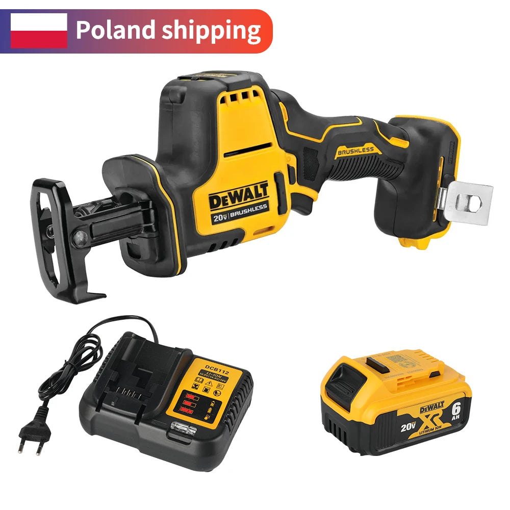 DEWALT DCS369 kit front view, yellow and black saw with battery charger