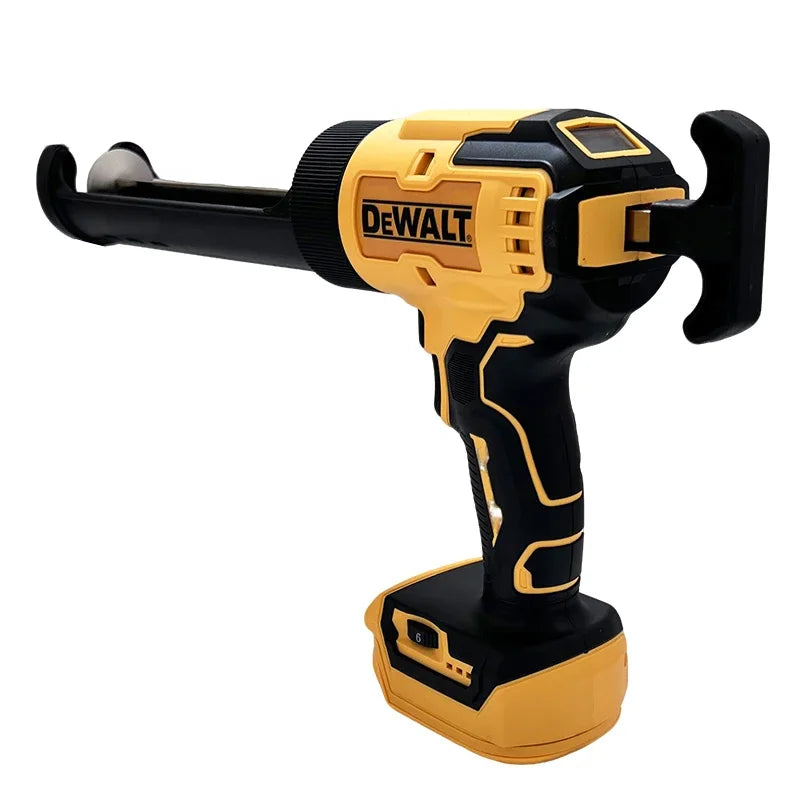 DeWALT electric glass glue gun detail trigger close-up, yellow and black