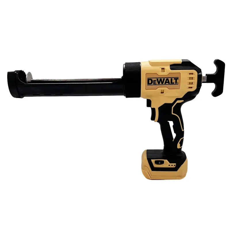 DeWALT electric glass glue gun front view, yellow and black with LED light