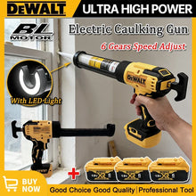 DeWALT electric glass glue gun lifestyle shot, yellow and black with LED light