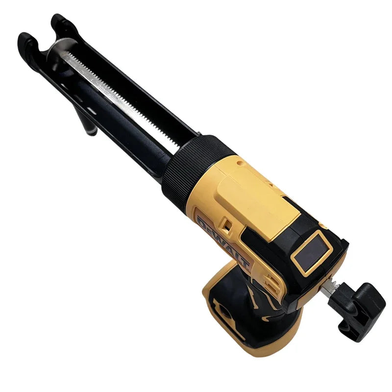 DeWALT electric glass glue gun side view, yellow and black with long nozzle