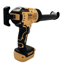 DeWALT electric glass glue gun side view with LED light, black and yellow