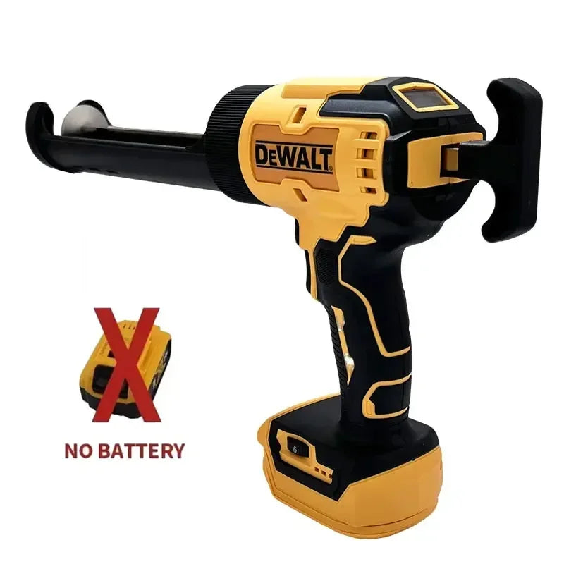 DeWALT electric glass glue gun side view, long nozzle and battery compartment