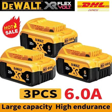 DeWALT FlexVolt battery pack packaging with three batteries, white box, 6.0A