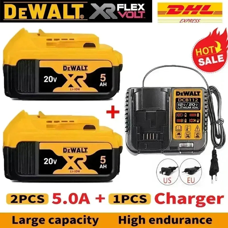 DeWALT FlexVolt battery and charger set packaging, yellow and black, two batteries