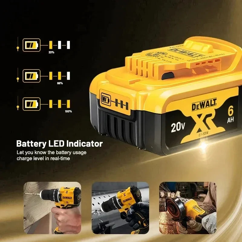DeWALT FlexVolt battery pack detail with LED indicator, yellow and black, 9000mAh