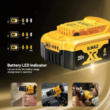 DeWALT FlexVolt battery pack detail with LED indicator, yellow and black, 9000mAh
