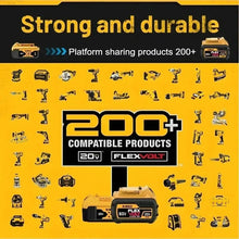 DeWALT FlexVolt battery system packaging, yellow and black, tool products shown