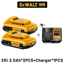 Dewalt 20V batteries front view, yellow and black, charger included
