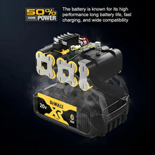 Dewalt 20V battery high-performance detail, yellow and black on dark background