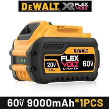 Dewalt 20V battery set front view with charger, yellow and black