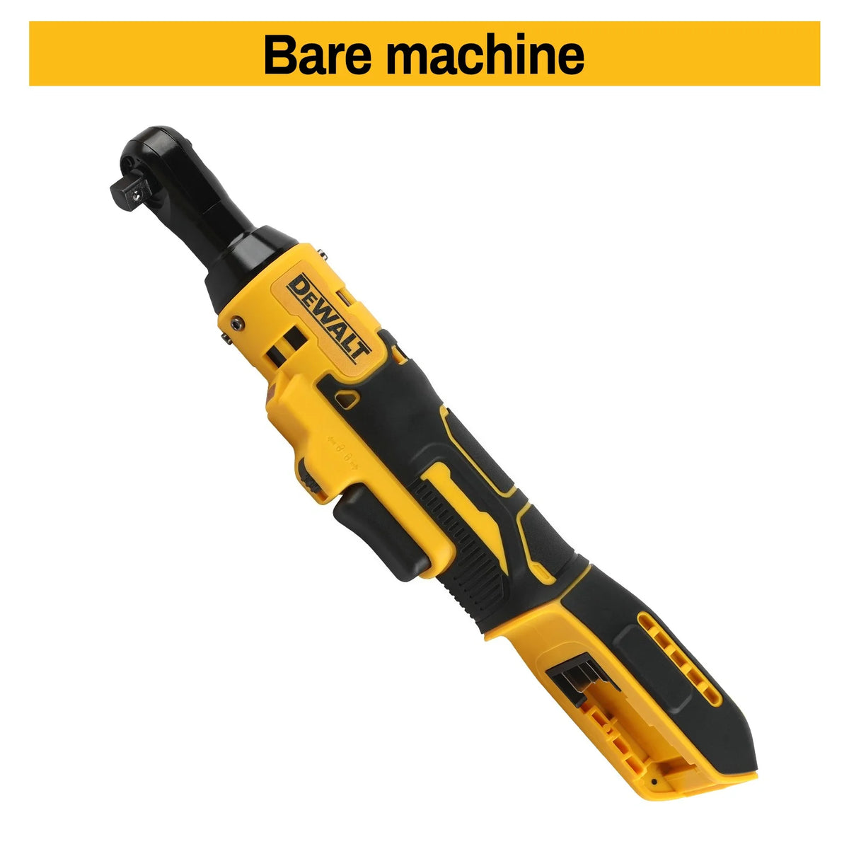 Dewalt cordless ratchet wrench LED light close-up, yellow and black detail