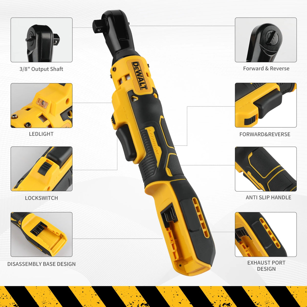Dewalt yellow and black ratchet wrench detail with LED light, right-angle view