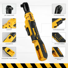 Dewalt yellow and black ratchet wrench detail with LED light, right-angle view