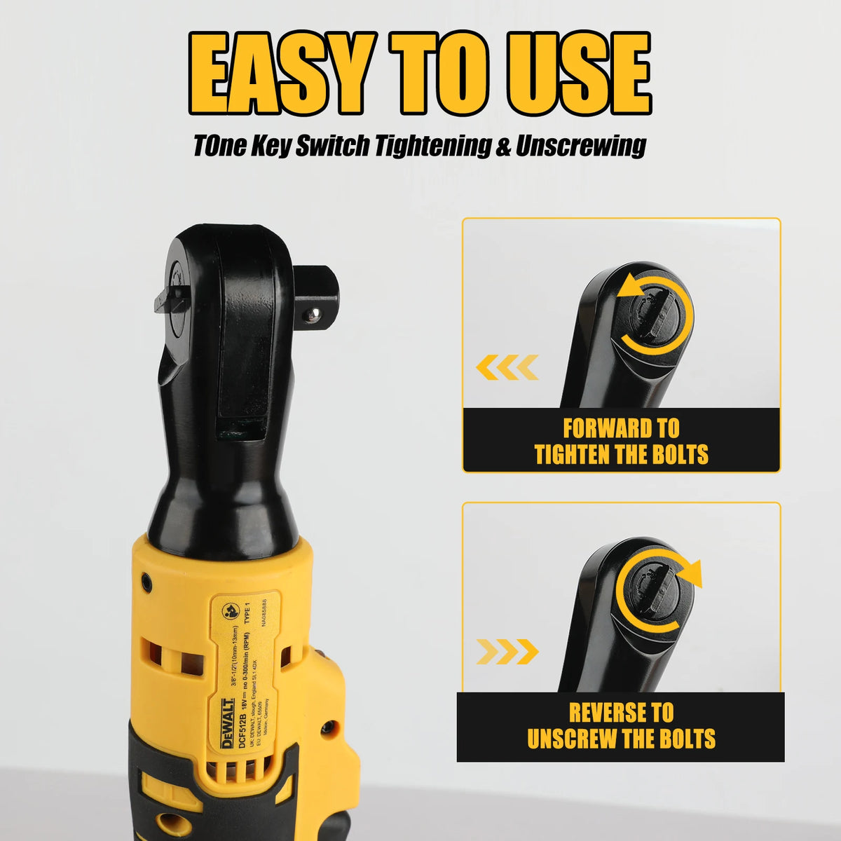 Dewalt yellow and black cordless ratchet detail, variable speed trigger control