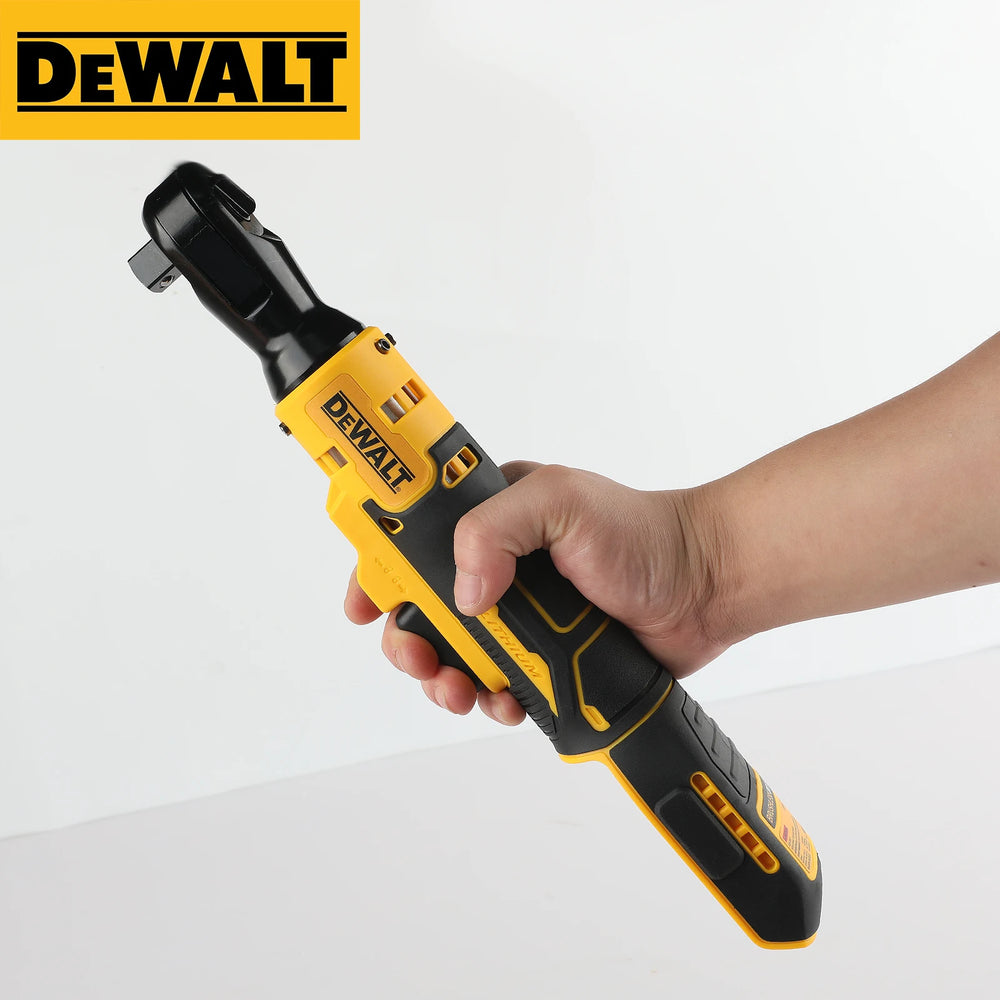 Dewalt cordless right-angle ratchet wrench lifestyle shot, yellow and black