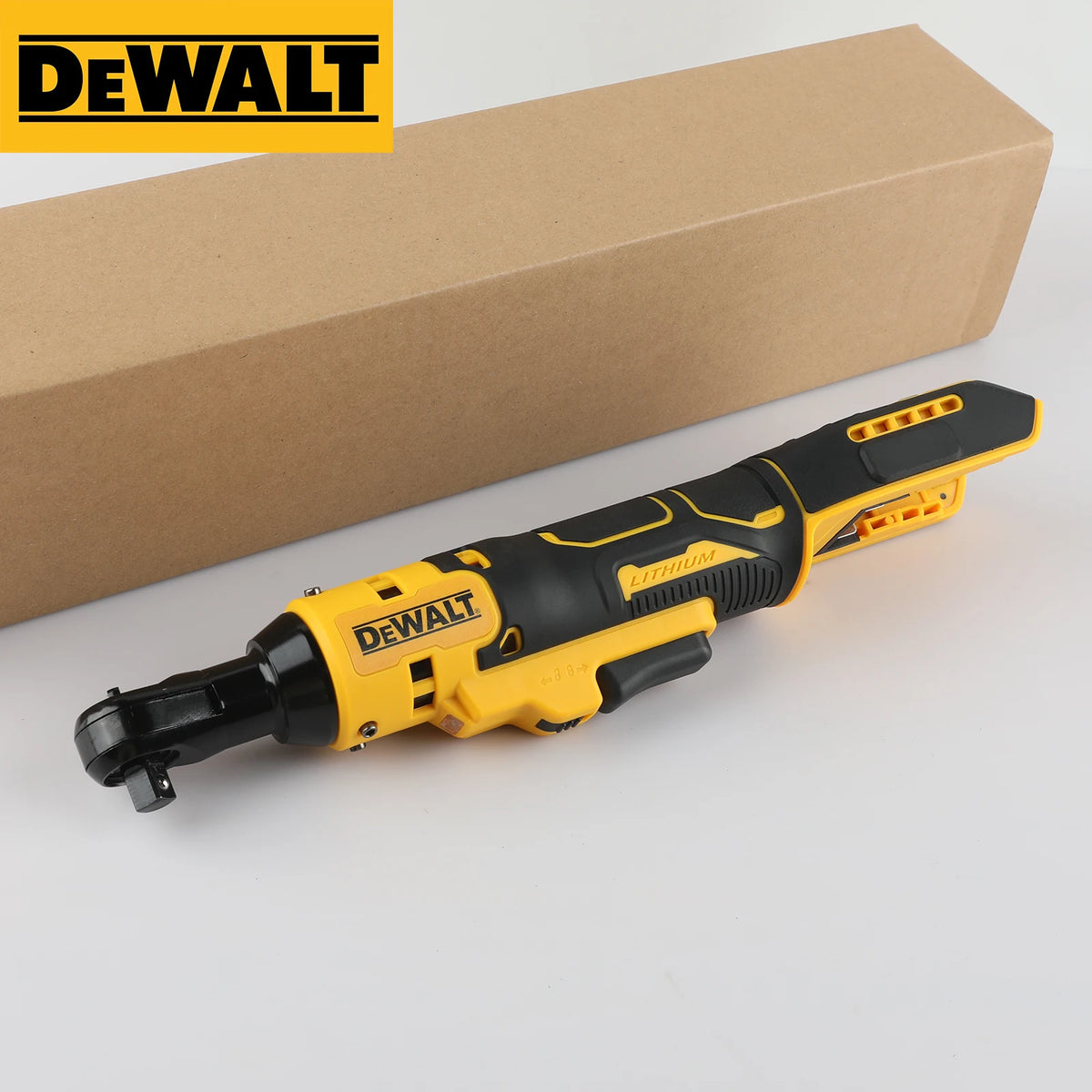 Dewalt cordless ratchet wrench packaging box, yellow and black on studio background
